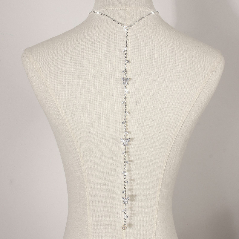 Ķermeņa ķēde ar ūdens pilieniem un baltiem kristāliem, elektroplēšana sakausējuma ieliktnis, muguras ķēde kāzu kleitai