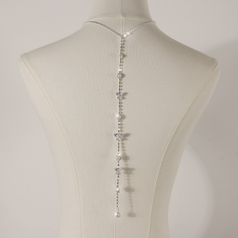 Ķermeņa ķēde ar ūdens pilieniem un baltiem kristāliem, elektroplēšana sakausējuma ieliktnis, muguras ķēde kāzu kleitai