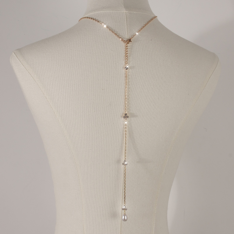 Ķermeņa ķēde ar ūdens pilieniem un baltiem kristāliem, elektroplēšana sakausējuma ieliktnis, muguras ķēde kāzu kleitai