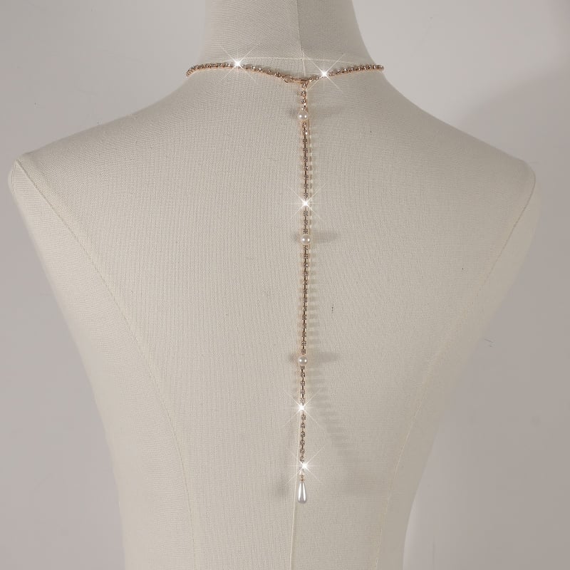 Ķermeņa ķēde ar ūdens pilieniem un baltiem kristāliem, elektroplēšana sakausējuma ieliktnis, muguras ķēde kāzu kleitai