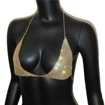 Krūšu ķēde ar kristāliem — diamanāta apstrādāts metāla-stikls, sakausējums ieliktie dārgakmeņi, sievietēm ķermeņa rotaslieta