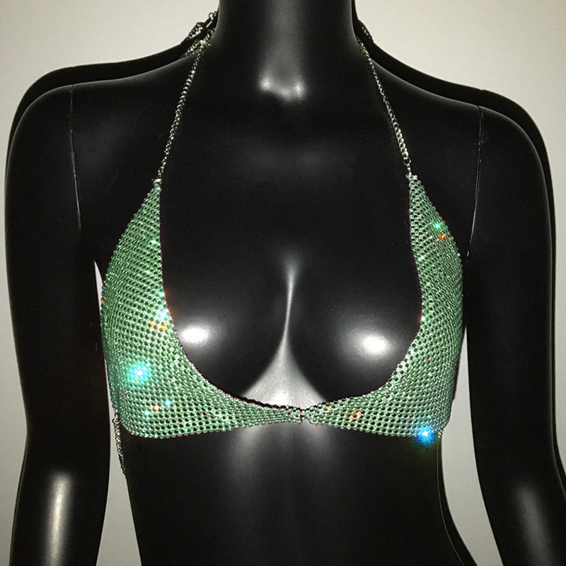 Krūšu ķēde ar kristāliem — diamanāta apstrādāts metāla-stikls, sakausējums ieliktie dārgakmeņi, sievietēm ķermeņa rotaslieta