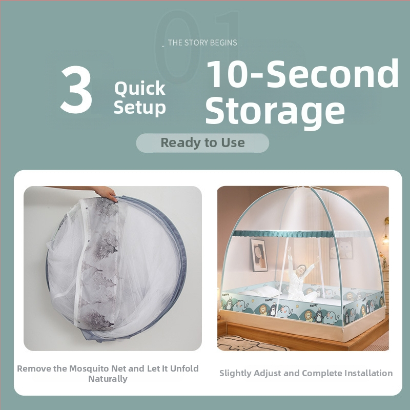 Sieť proti komárom na posteli — štýl mongolská jurta, kreslený dizajn, polyester, rám z vlákien skla, bez montáže