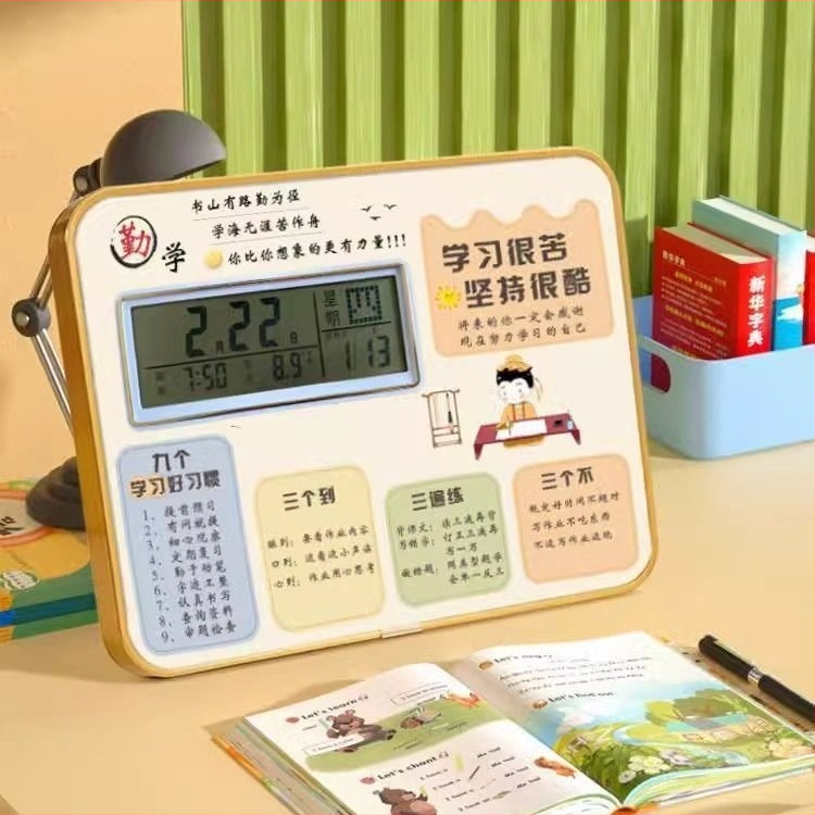 Modinātājs ar fotogrāfiju rāmi un displeja statīvu, foto tablo, termometrs, kalendārs, Mēness fāze, nedēļas diena