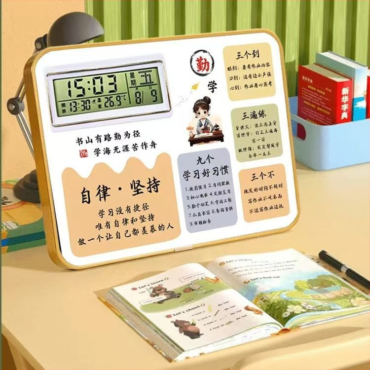 Modinātājs ar fotogrāfiju rāmi un displeja statīvu, foto tablo, termometrs, kalendārs, Mēness fāze, nedēļas diena