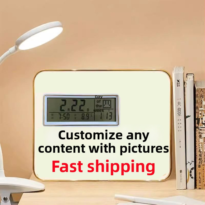Modinātājs ar fotogrāfiju rāmi un displeja statīvu, foto tablo, termometrs, kalendārs, Mēness fāze, nedēļas diena