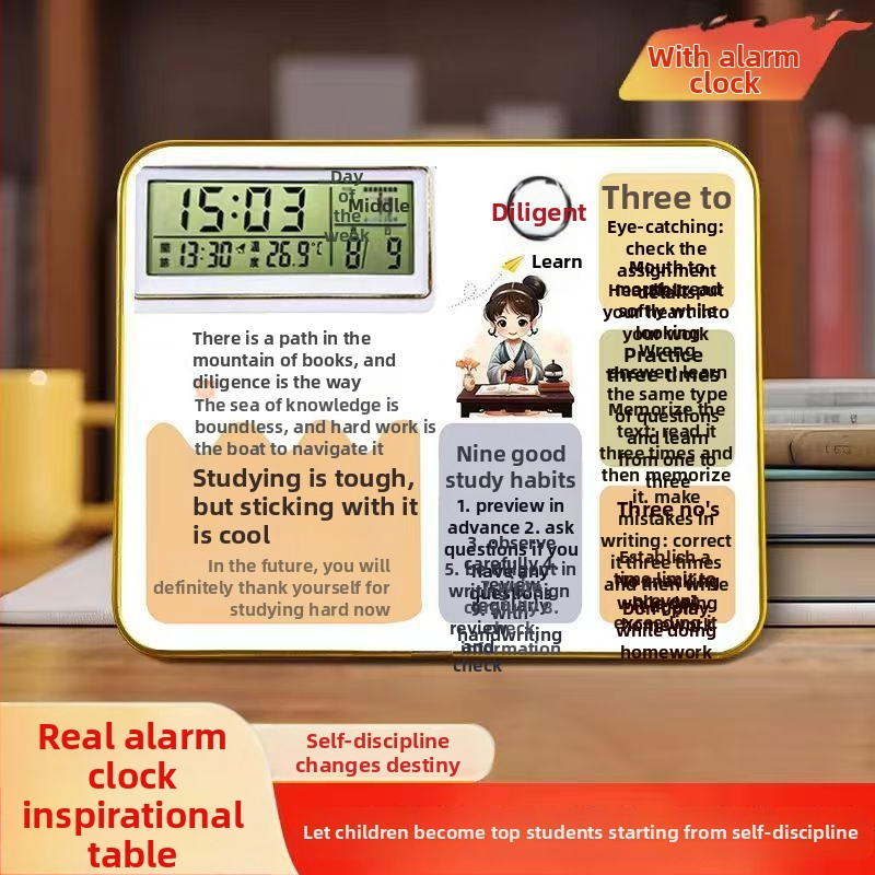 Modinātājs ar fotogrāfiju rāmi un displeja statīvu, foto tablo, termometrs, kalendārs, Mēness fāze, nedēļas diena