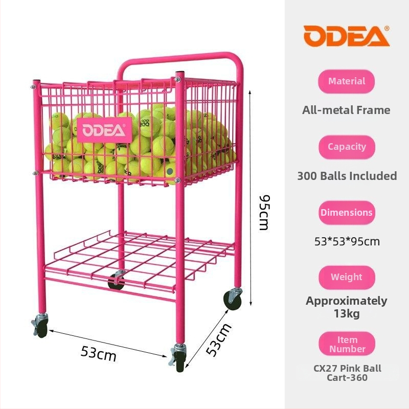 Odea Tenisa bumbu ratiņi – Pārvietojams metāla statīvs, Gumijas materiāls, Riteņi, Bumbu savācējs