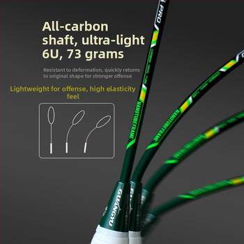 Profesionāla badminton rakete, ultralakna oglekļa šķiedras rāmis, neilona stīgas, mērena stingrība, universāla, iekļauts grip lente un raketes soma
