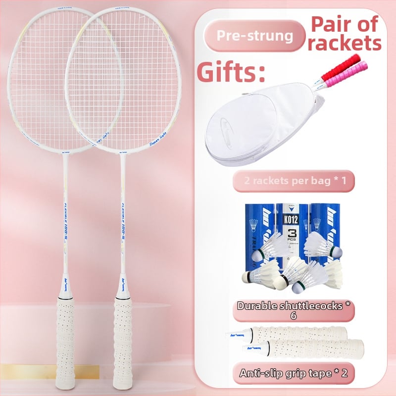 Badmintona rakete ar oglekļa šķiedras rāmi, neilona kordes, 4U/5U ultralight uzbrukuma modelis, svars 80-84 g, logotips drukāts