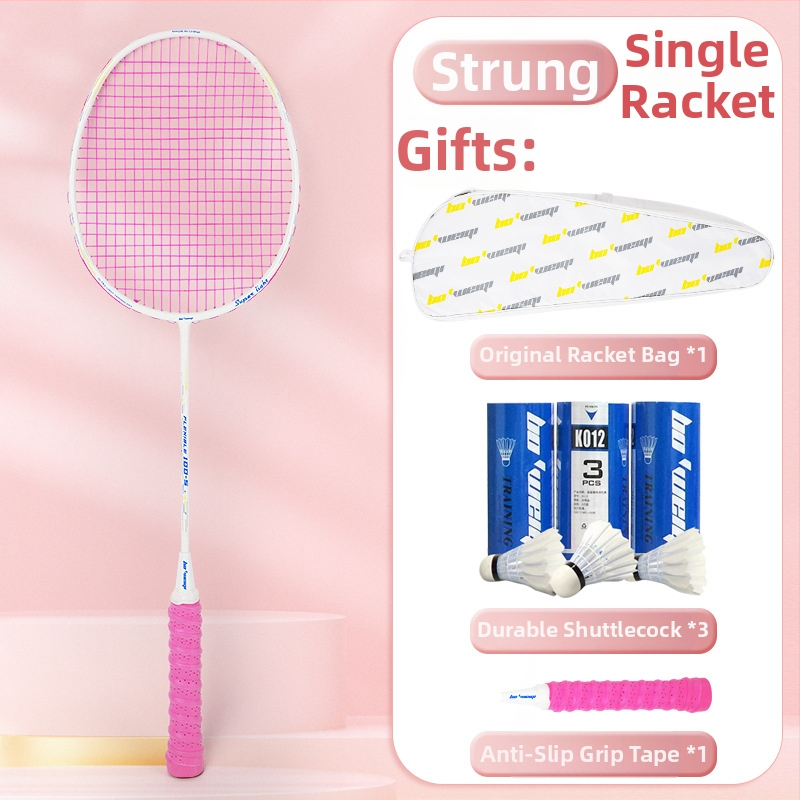 Badmintona rakete ar oglekļa šķiedras rāmi, neilona kordes, 4U/5U ultralight uzbrukuma modelis, svars 80-84 g, logotips drukāts