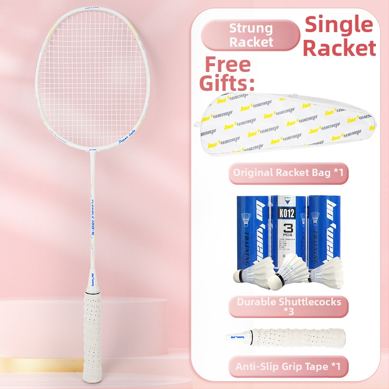 Badmintona rakete ar oglekļa šķiedras rāmi, neilona kordes, 4U/5U ultralight uzbrukuma modelis, svars 80-84 g, logotips drukāts