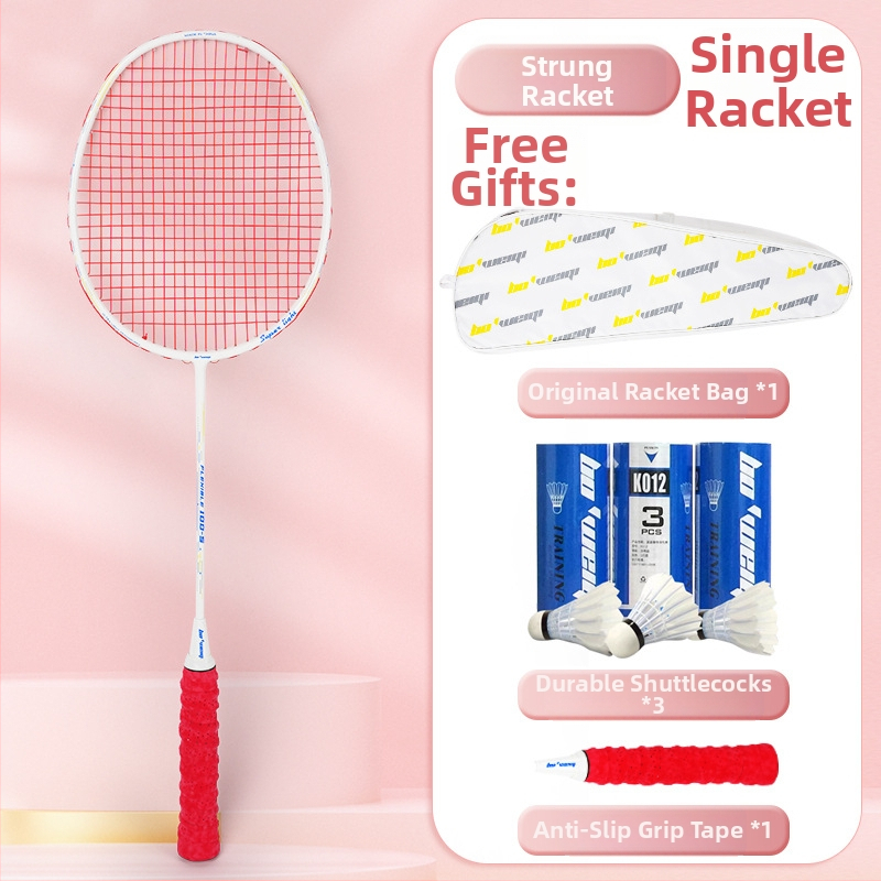 Badmintona rakete ar oglekļa šķiedras rāmi, neilona kordes, 4U/5U ultralight uzbrukuma modelis, svars 80-84 g, logotips drukāts