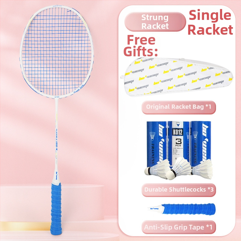 Badmintona rakete ar oglekļa šķiedras rāmi, neilona kordes, 4U/5U ultralight uzbrukuma modelis, svars 80-84 g, logotips drukāts