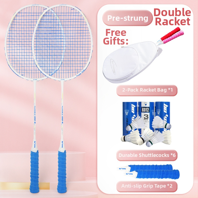 Badmintona rakete ar oglekļa šķiedras rāmi, neilona kordes, 4U/5U ultralight uzbrukuma modelis, svars 80-84 g, logotips drukāts