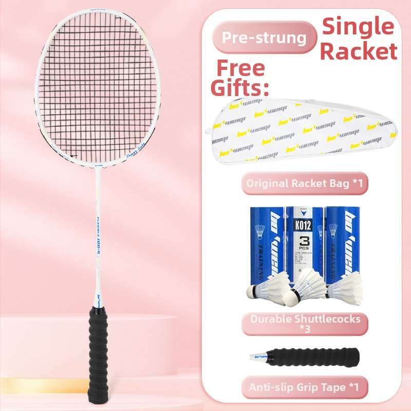 Badmintona rakete ar oglekļa šķiedras rāmi, neilona kordes, 4U/5U ultralight uzbrukuma modelis, svars 80-84 g, logotips drukāts