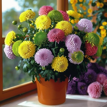 Phd prekės ženklas krizantema vazonėlyje su žiedais - keturi sezonai žydėjimo, tinka balkonui, stalui ir svetainei; įprasta temperatūra, neutralus apšvietimas
