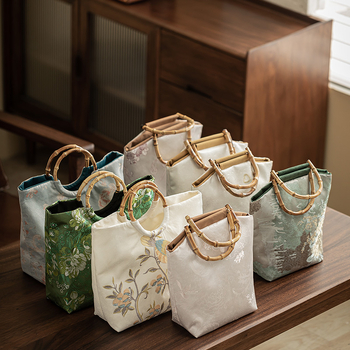 Jacquard szövésű hímzett női táska, kínai stílus, nagy kapacitás, bambusz fogantyú, logó nyomtatás, testre szabható