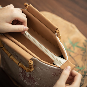 Jacquard szövésű hímzett női táska, kínai stílus, nagy kapacitás, bambusz fogantyú, logó nyomtatás, testre szabható