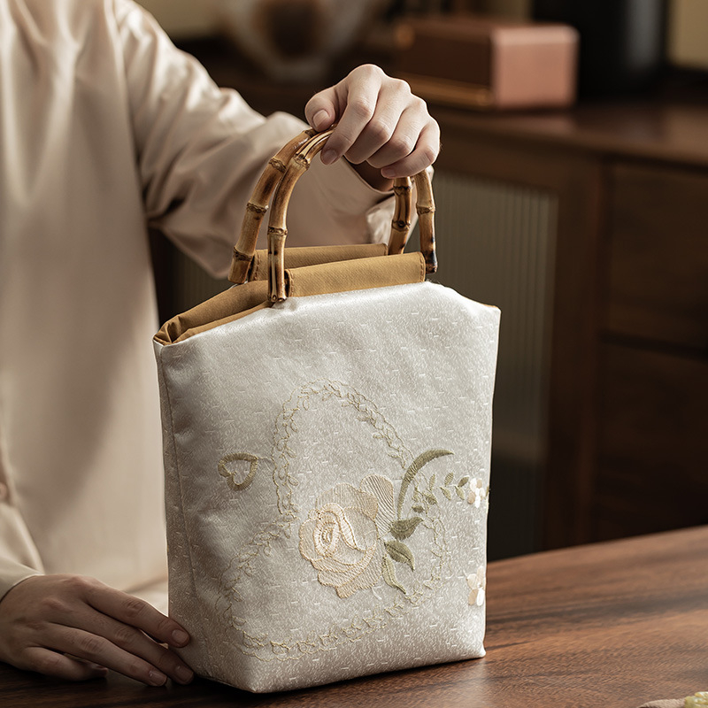 Jacquard szövésű hímzett női táska, kínai stílus, nagy kapacitás, bambusz fogantyú, logó nyomtatás, testre szabható