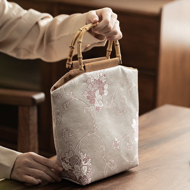 Jacquard szövésű hímzett női táska, kínai stílus, nagy kapacitás, bambusz fogantyú, logó nyomtatás, testre szabható