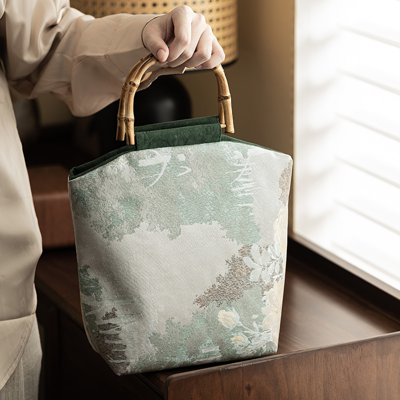 Jacquard szövésű hímzett női táska, kínai stílus, nagy kapacitás, bambusz fogantyú, logó nyomtatás, testre szabható