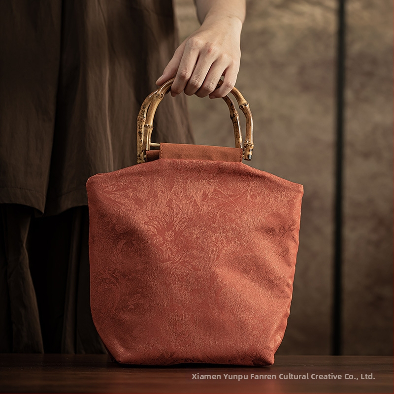 Jacquard szövésű hímzett női táska, kínai stílus, nagy kapacitás, bambusz fogantyú, logó nyomtatás, testre szabható