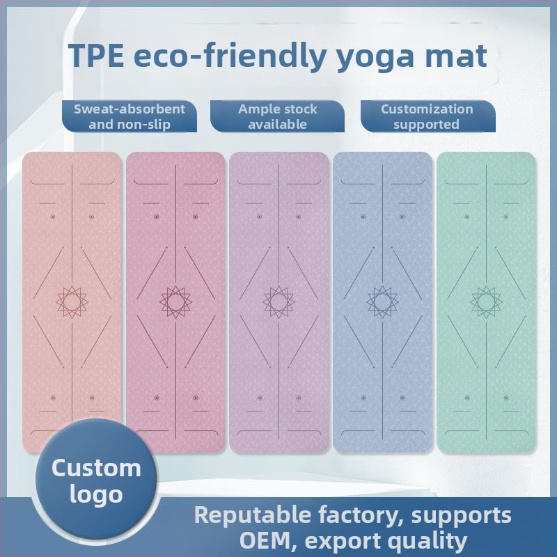 Joga paklājs no TPE, 6 mm biezums, neslīdošs, kluss un šokam absorbējošs, pielāgojams, ar asanas vadlīniju līnijām.