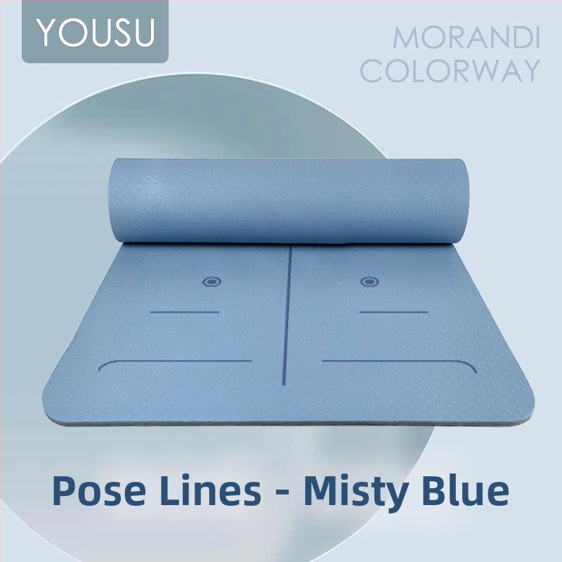 Joga paklājs no TPE, 6 mm biezums, neslīdošs, kluss un šokam absorbējošs, pielāgojams, ar asanas vadlīniju līnijām.