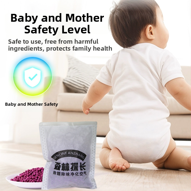 Bambusu aktīvās ogles maisiņš ar kālija permanganāta bumbiņām formaldehīda likvidēšanai, telpu gaisa attīrīšanai, piemērots gan telpām, gan jaunām automašīnām — 30 iepakojumi kastē