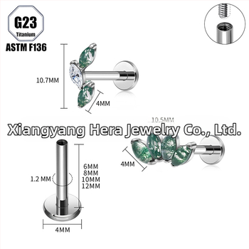 Titanová zliatina, Moss achát kameň, tvar konského oka, nosný prsteň a set piercingových šperkov implant-grade