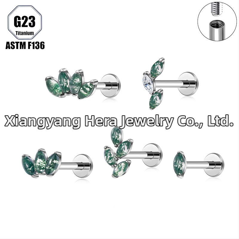 Titanová zliatina, Moss achát kameň, tvar konského oka, nosný prsteň a set piercingových šperkov implant-grade