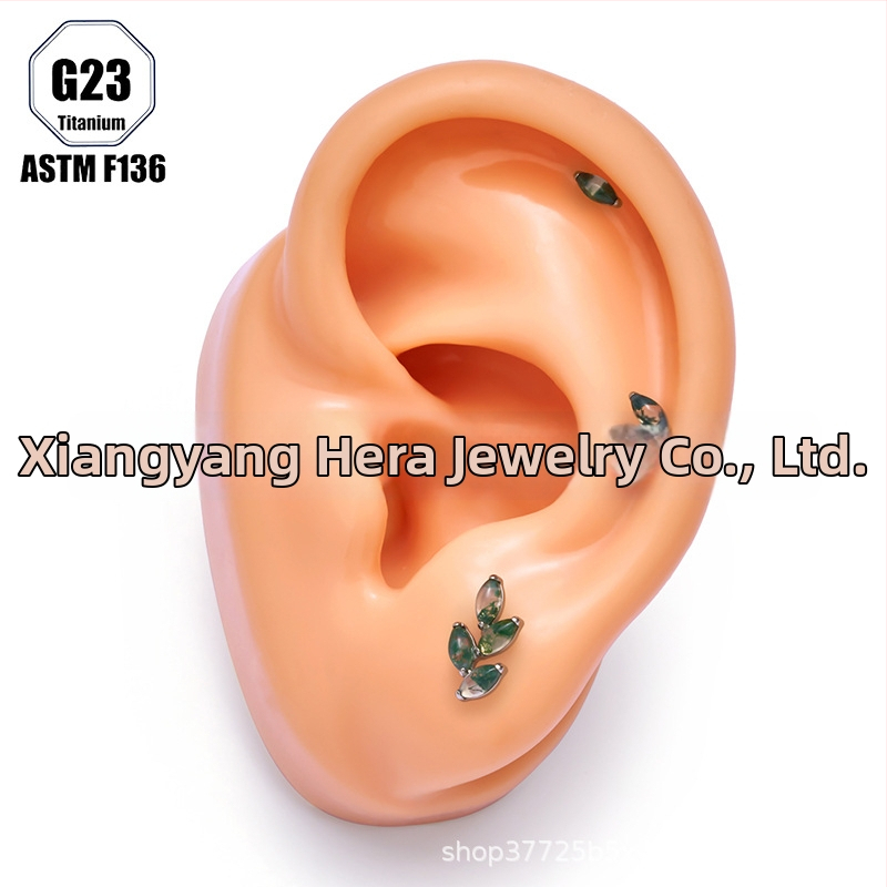 Titanová zliatina, Moss achát kameň, tvar konského oka, nosný prsteň a set piercingových šperkov implant-grade