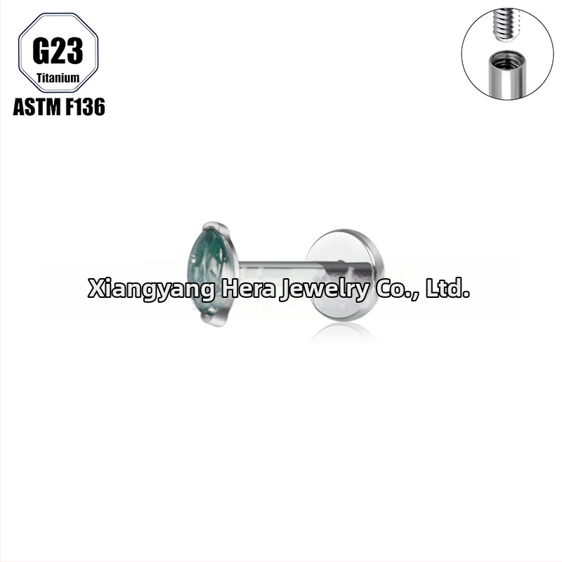 Titanová zliatina, Moss achát kameň, tvar konského oka, nosný prsteň a set piercingových šperkov implant-grade