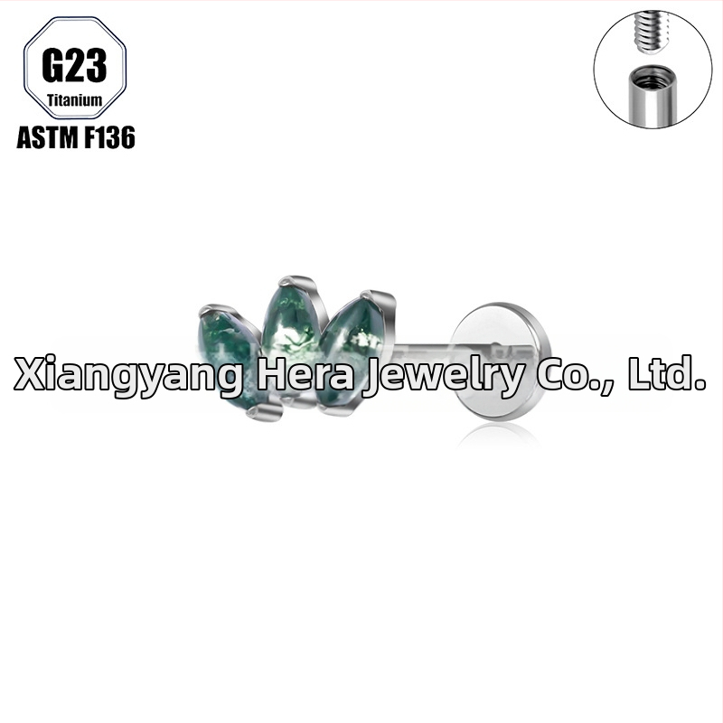 Titanová zliatina, Moss achát kameň, tvar konského oka, nosný prsteň a set piercingových šperkov implant-grade