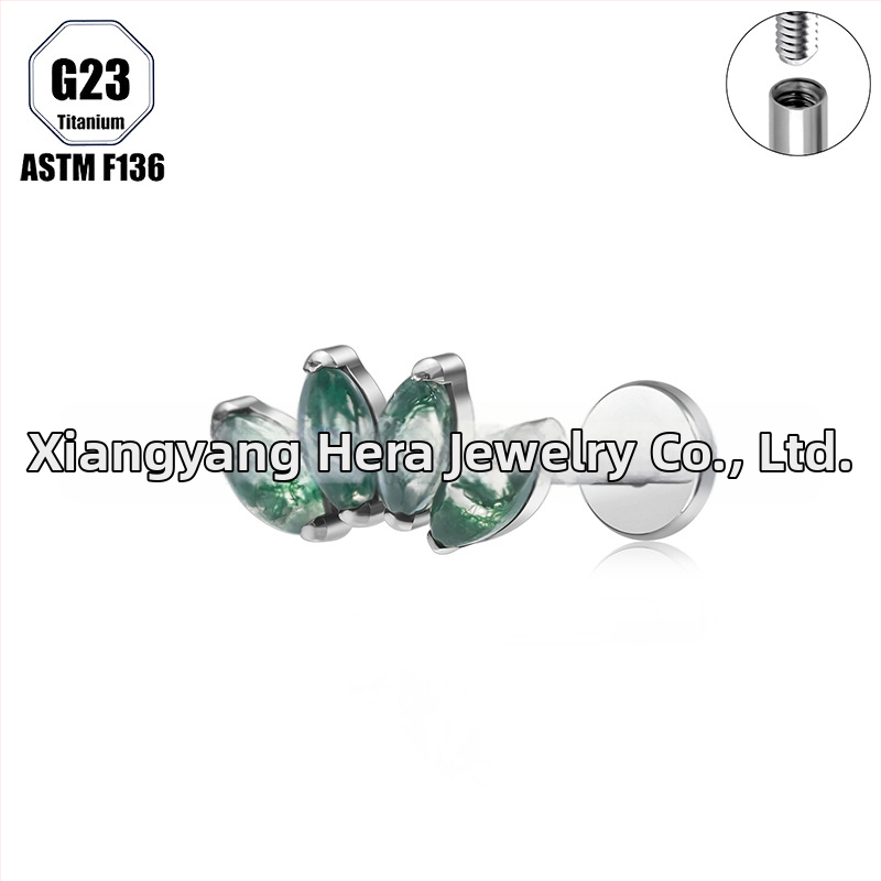 Titanová zliatina, Moss achát kameň, tvar konského oka, nosný prsteň a set piercingových šperkov implant-grade