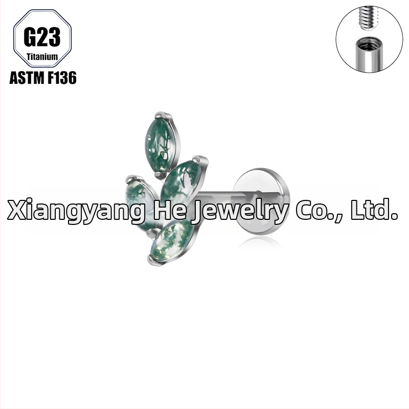 Titanová zliatina, Moss achát kameň, tvar konského oka, nosný prsteň a set piercingových šperkov implant-grade
