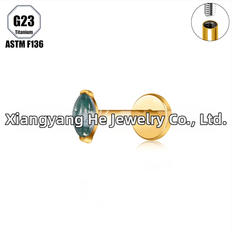 Titanová zliatina, Moss achát kameň, tvar konského oka, nosný prsteň a set piercingových šperkov implant-grade