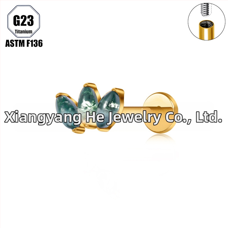 Titanová zliatina, Moss achát kameň, tvar konského oka, nosný prsteň a set piercingových šperkov implant-grade