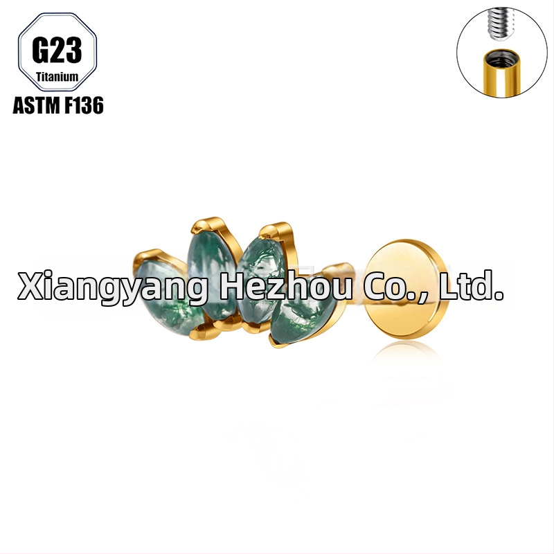 Titanová zliatina, Moss achát kameň, tvar konského oka, nosný prsteň a set piercingových šperkov implant-grade