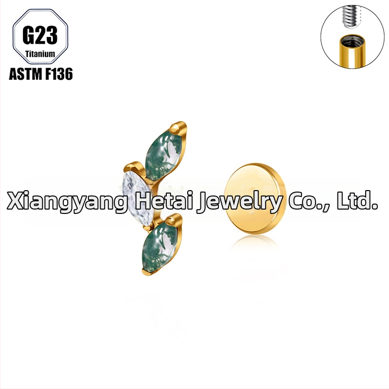 Titanová zliatina, Moss achát kameň, tvar konského oka, nosný prsteň a set piercingových šperkov implant-grade