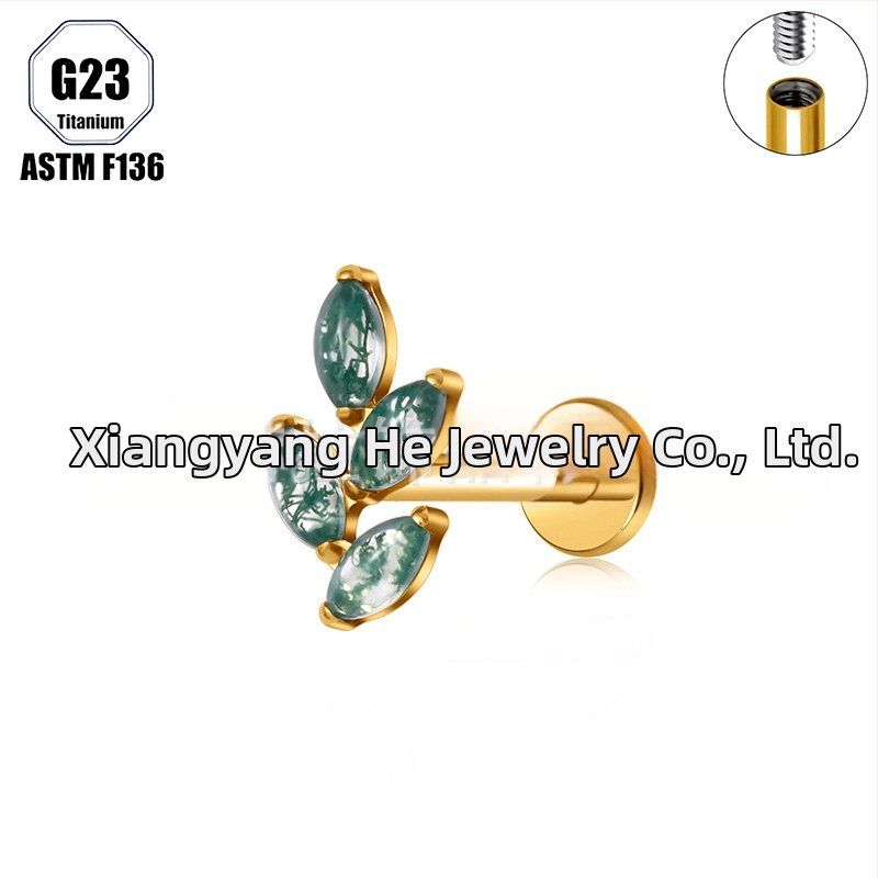 Titanová zliatina, Moss achát kameň, tvar konského oka, nosný prsteň a set piercingových šperkov implant-grade