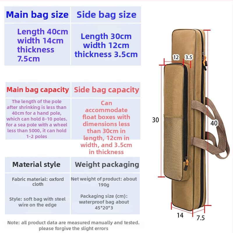 Yili to Swordfish makšķerēšanas soma, Oxford audums, kompakta ar vienas vai divslāņu konstrukciju, paredzēta makšķerēšanai – vieta nūjām, ēsmām, līnijai un ruļļai, nav ūdensnecaurlaidīga