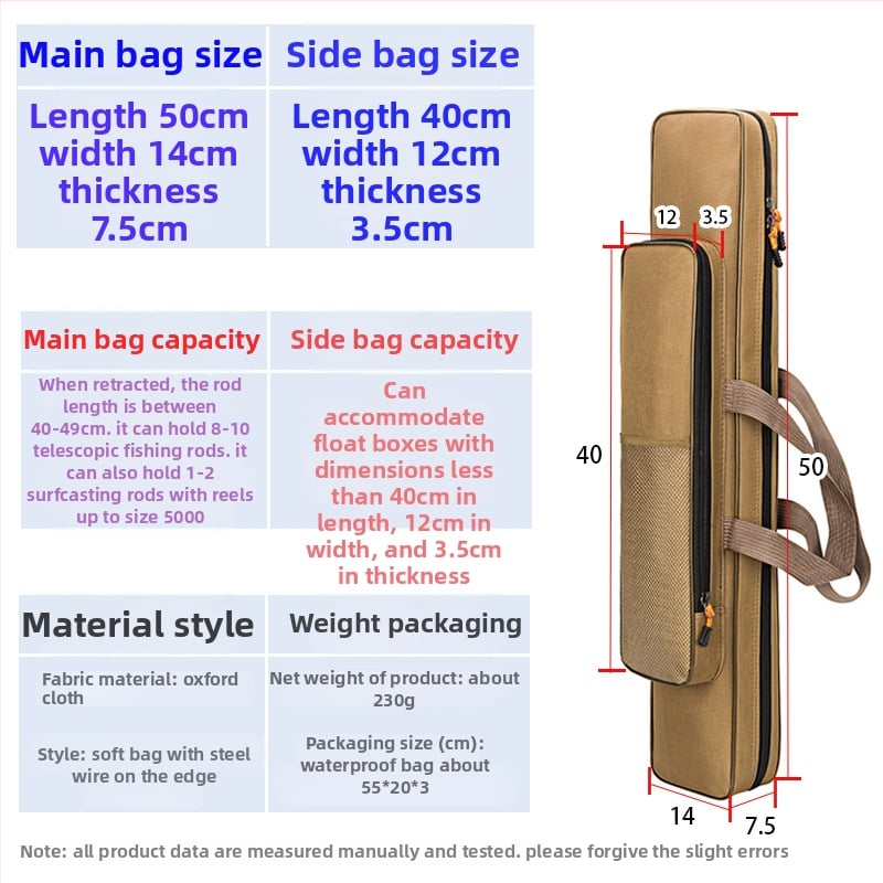 Yili to Swordfish makšķerēšanas soma, Oxford audums, kompakta ar vienas vai divslāņu konstrukciju, paredzēta makšķerēšanai – vieta nūjām, ēsmām, līnijai un ruļļai, nav ūdensnecaurlaidīga
