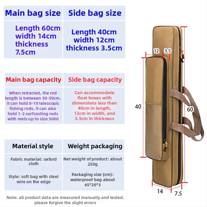Yili to Swordfish makšķerēšanas soma, Oxford audums, kompakta ar vienas vai divslāņu konstrukciju, paredzēta makšķerēšanai – vieta nūjām, ēsmām, līnijai un ruļļai, nav ūdensnecaurlaidīga