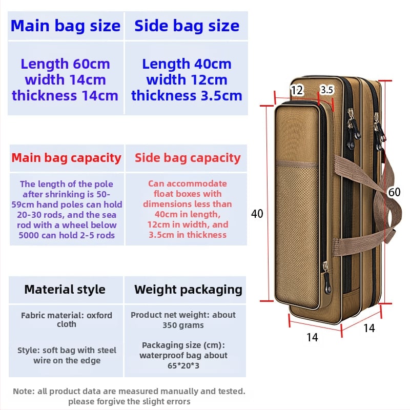 Yili to Swordfish makšķerēšanas soma, Oxford audums, kompakta ar vienas vai divslāņu konstrukciju, paredzēta makšķerēšanai – vieta nūjām, ēsmām, līnijai un ruļļai, nav ūdensnecaurlaidīga