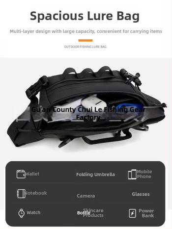 Jostas soma makšķerēšanai, ūdensizturīga, daudzfunkcionāla ar nodalījumiem ēsmām, makšķerēšanas līnijai un ekipējumam — materiāls: neilons