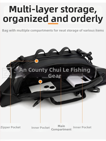 Jostas soma makšķerēšanai, ūdensizturīga, daudzfunkcionāla ar nodalījumiem ēsmām, makšķerēšanas līnijai un ekipējumam — materiāls: neilons