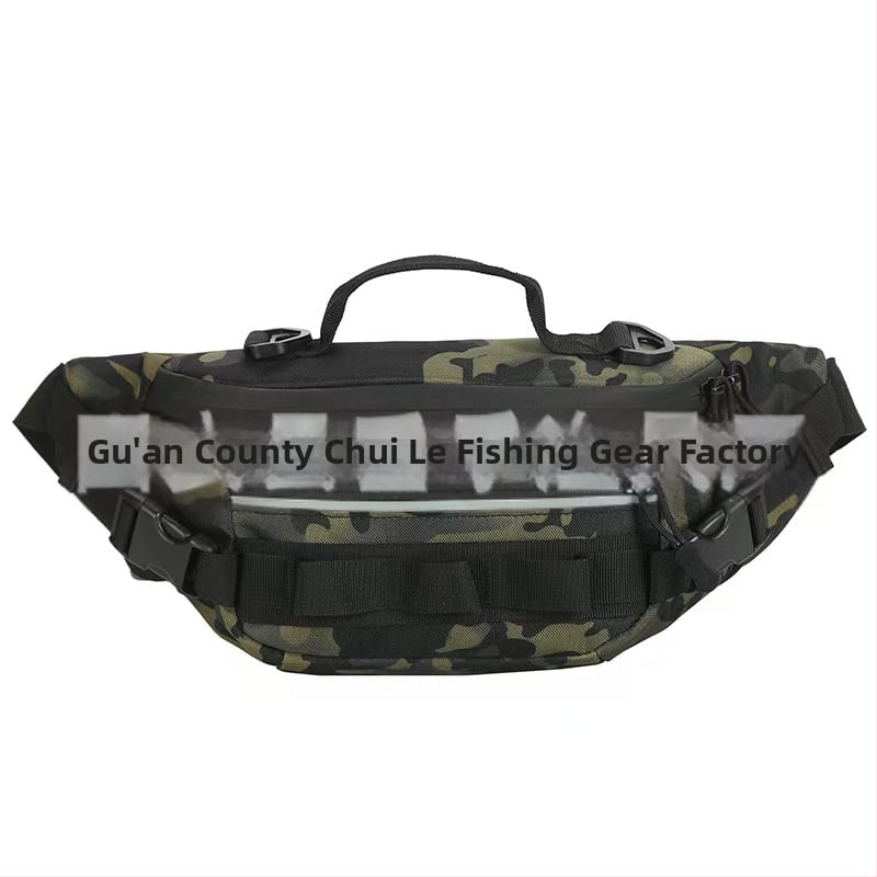 Jostas soma makšķerēšanai, ūdensizturīga, daudzfunkcionāla ar nodalījumiem ēsmām, makšķerēšanas līnijai un ekipējumam — materiāls: neilons