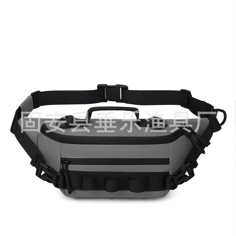 Jostas soma makšķerēšanai, ūdensizturīga, daudzfunkcionāla ar nodalījumiem ēsmām, makšķerēšanas līnijai un ekipējumam — materiāls: neilons